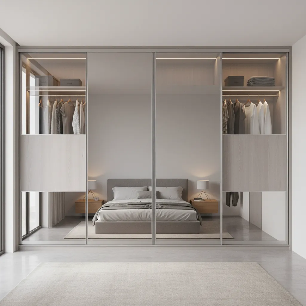 Aristo sliding wardrobe doors with aluminum frames in a modern bedroom