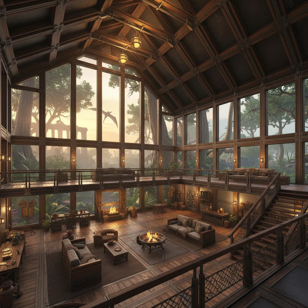 Large wooden living room with high ceiling glass windows sofas fire pits and dinosaurs outside
