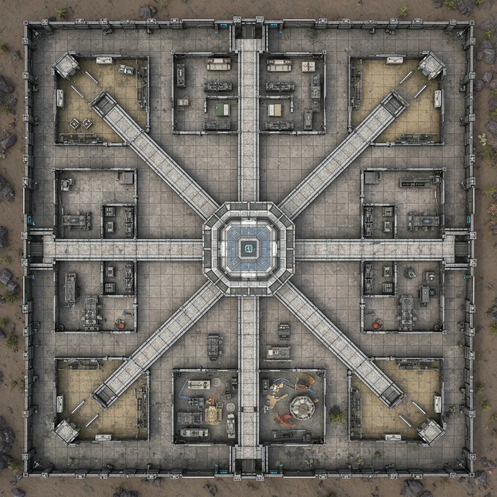 Even base layout showing square concrete rooms connected by central walkways in a large square