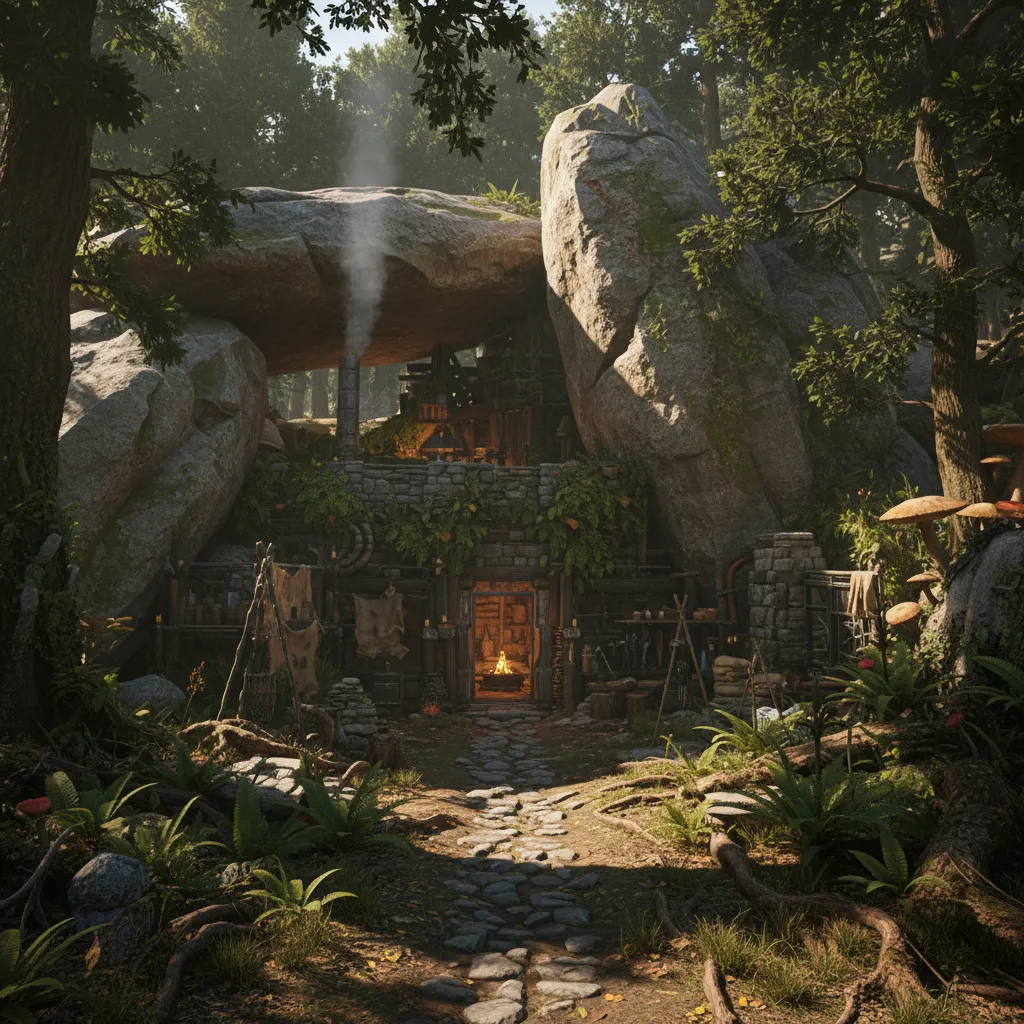 Base escondida entre rocas y árboles en ARK