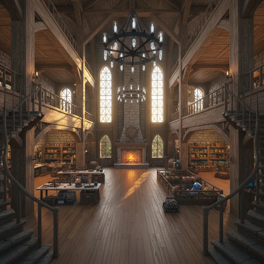 Large wooden interior with stone fireplace, ceiling lights, tall windows, wood floors, and symmetrical stairs