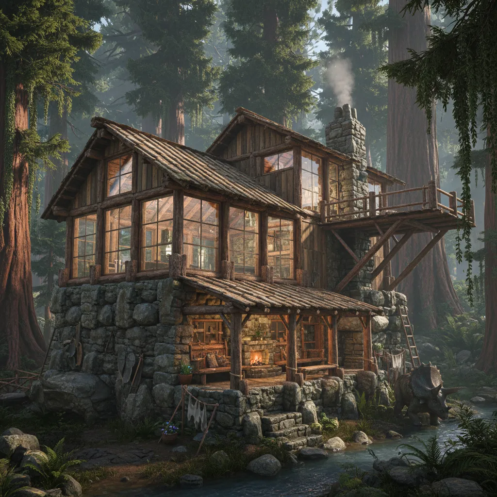 Simple stone and wood cabin with glass windows in forest with dinosaur and a stream