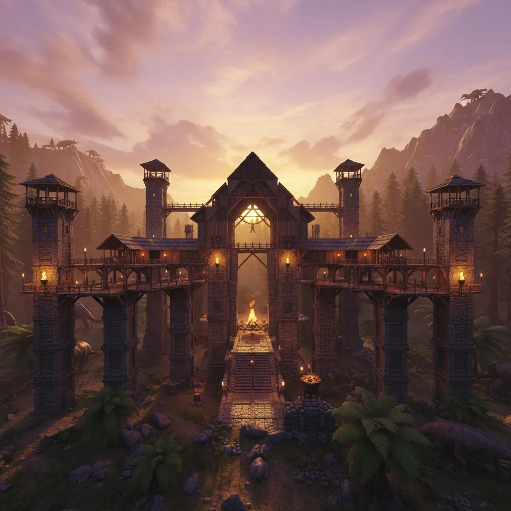 Large stone and wood fortress with watch towers, bridges, and fire pits in a forest