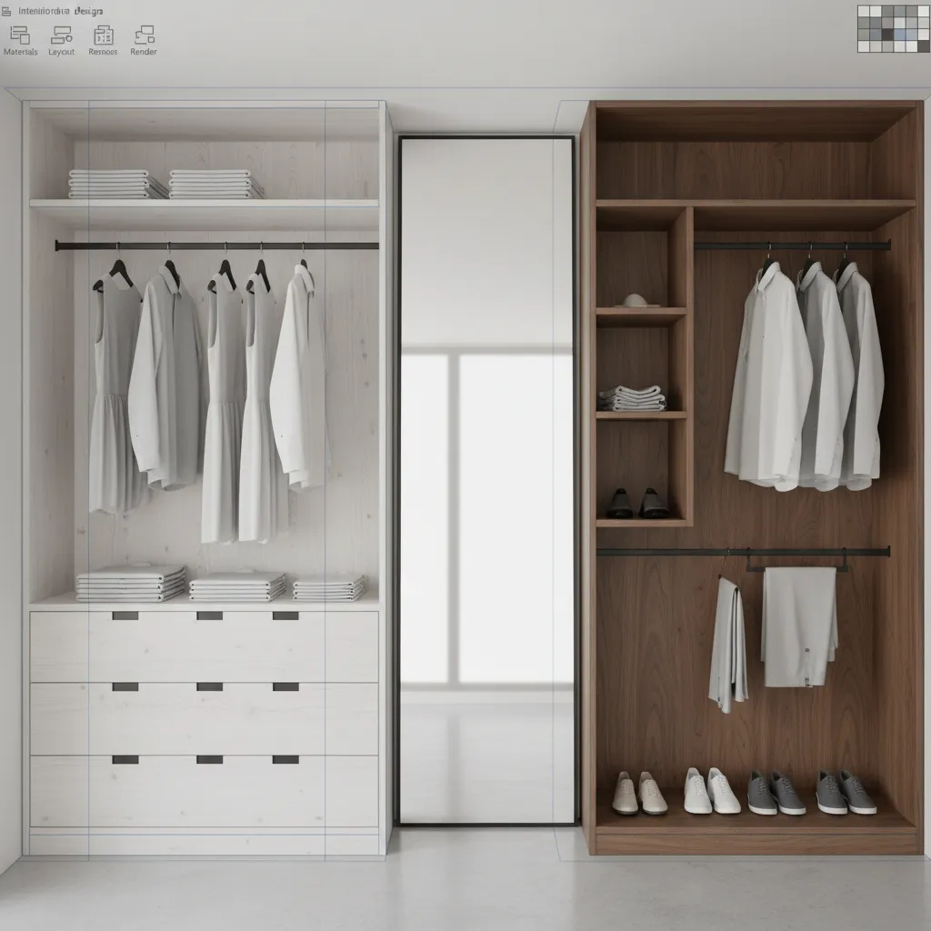 Coohom interior design editor displaying a white and wood cabinet with drawers and tall mirror