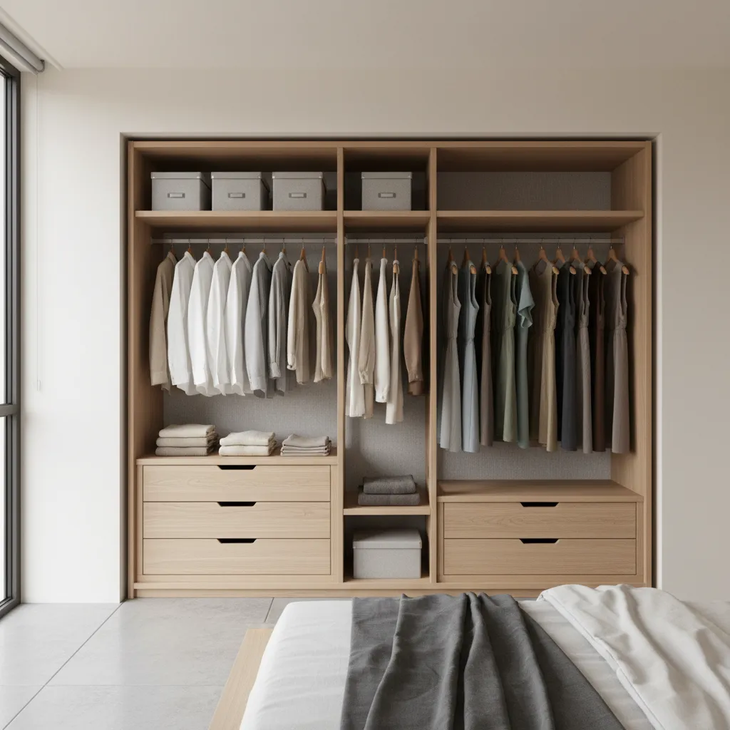 Open wood cabinet with hanging white shirts, dresses, storage boxes, drawers, and neutral wall color
