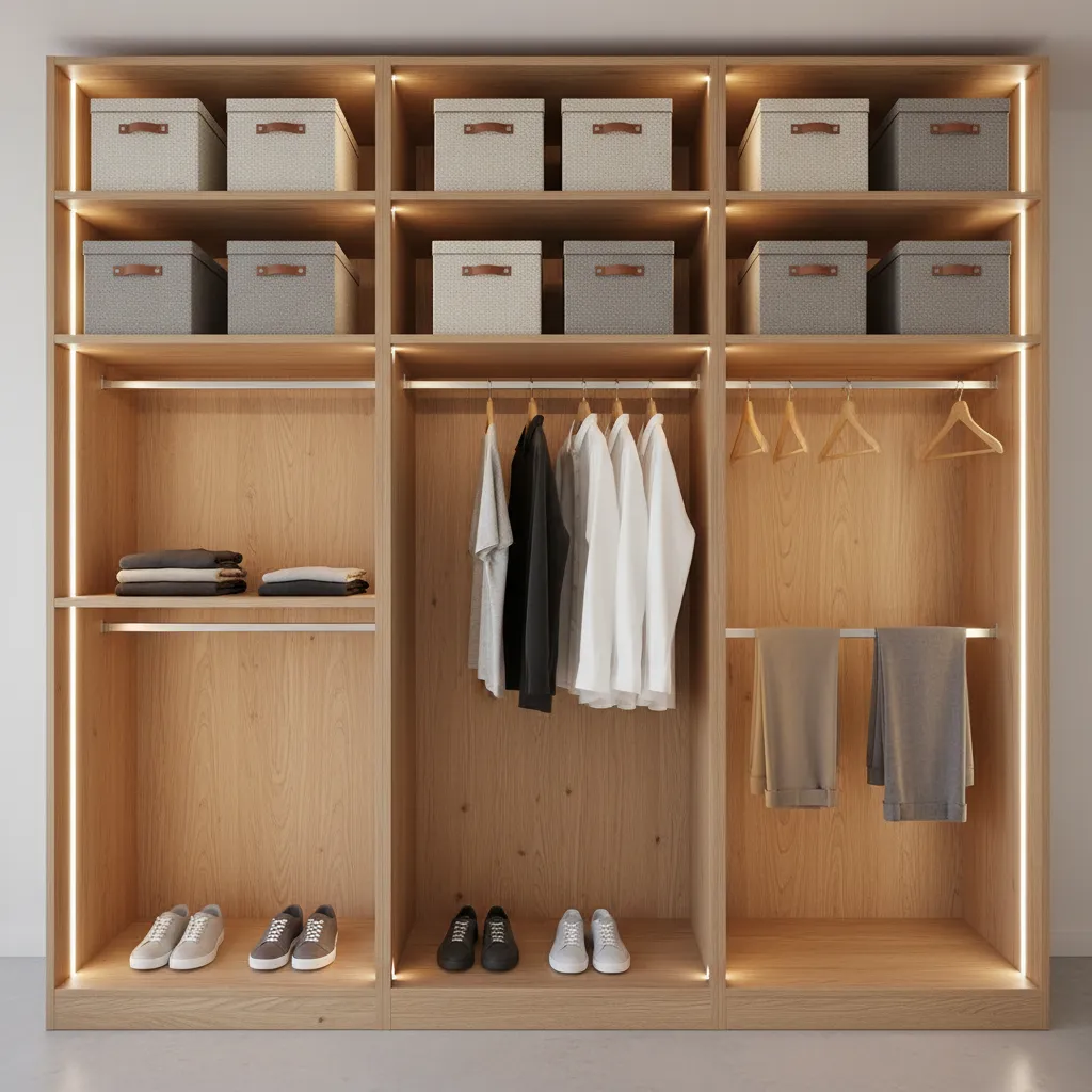 Large wooden closet with built in light fixtures showing storage boxes hanging clothes and shoes