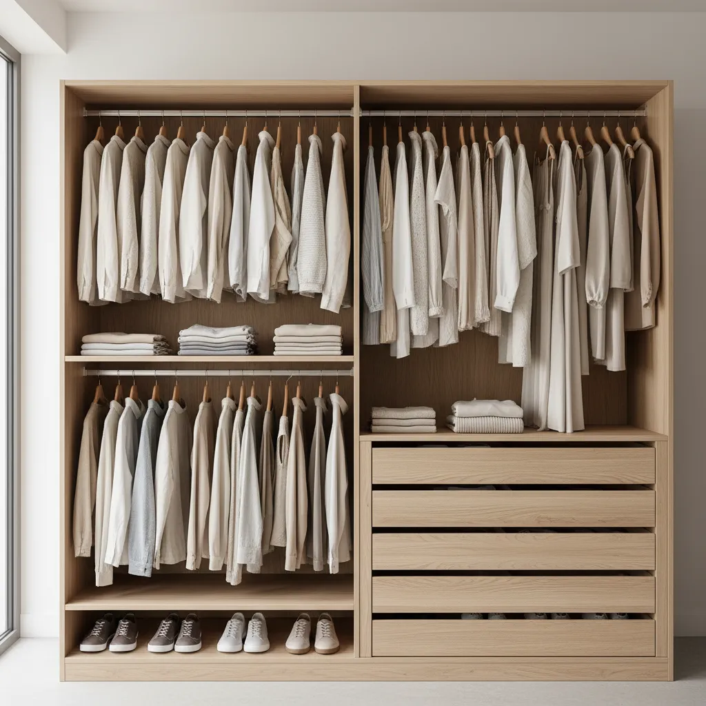 Modern light wood wardrobe with hanging white shirts folded clothes wooden drawers and shoes inside