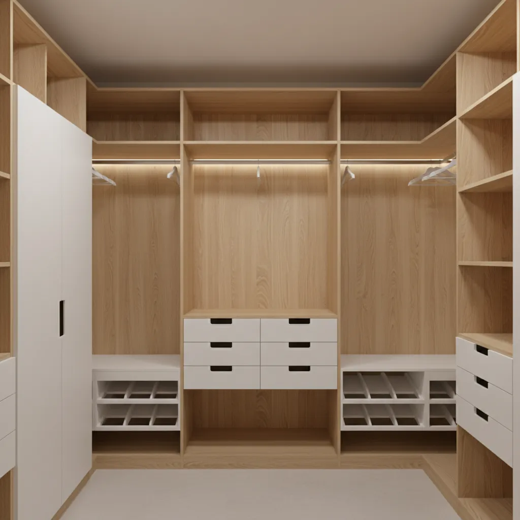 Visualización 3D del interior de un armario con estantes, cajones y barras para ropa