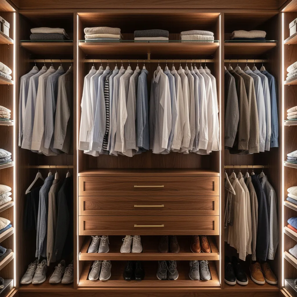 Interior de armario bien organizado con ropa colgada, cajones y estantes