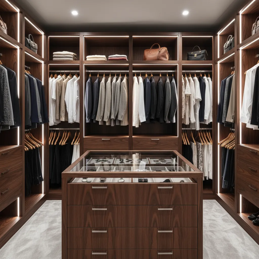 Armario moderno perfectamente organizado con iluminación interior