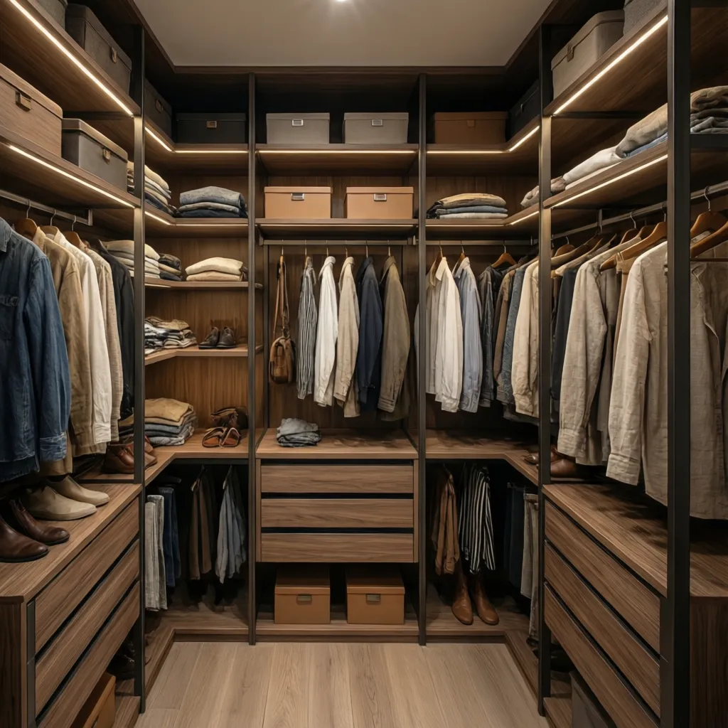 Armario modular optimizado con almacenamiento para ropa y accesorios