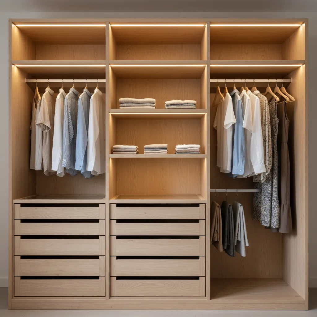 Armario modular organizado con cajones y accesorios interiores