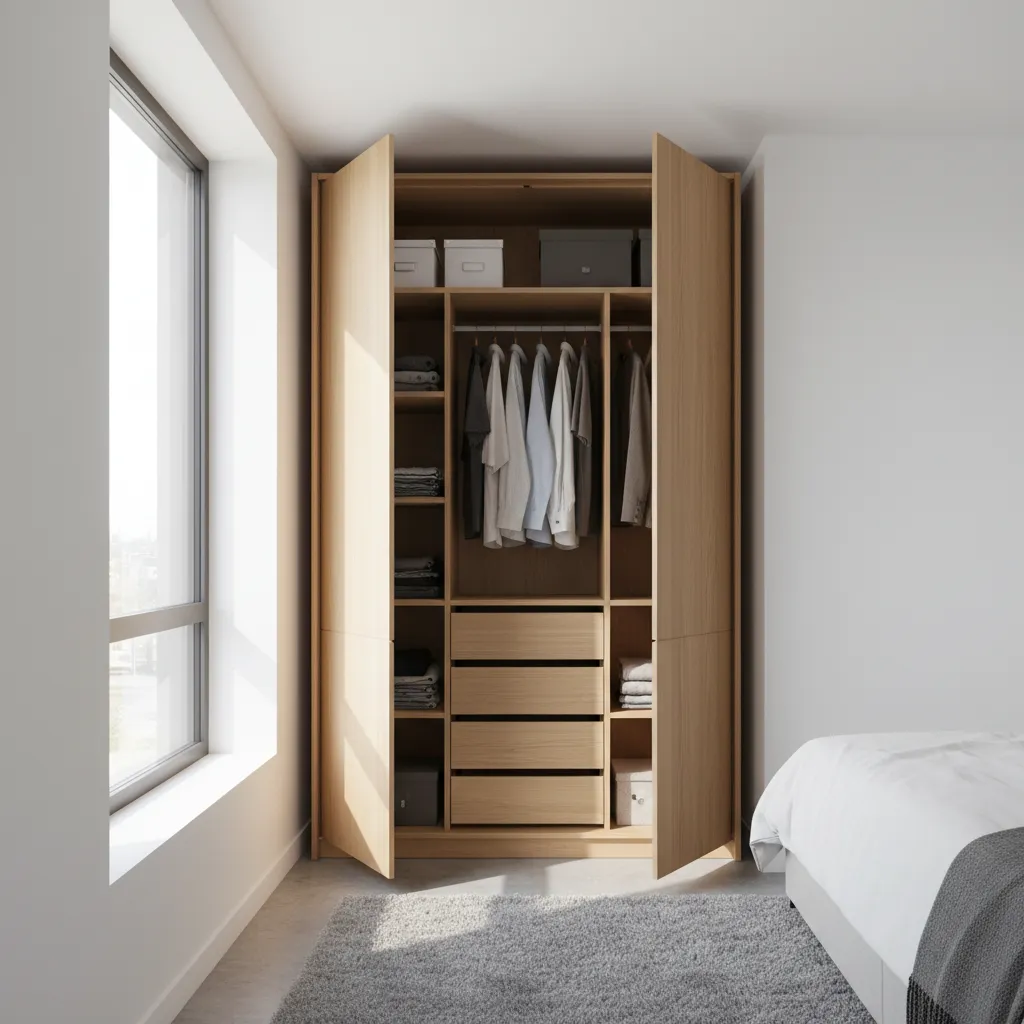 Armario compacto de tres puertas optimizado para dormitorio pequeño