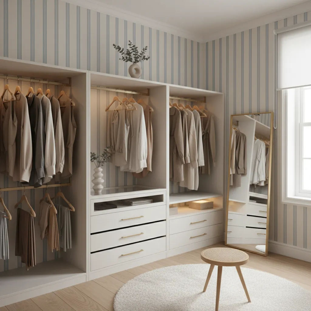 Interior de armario con papel de rayas verticales claras