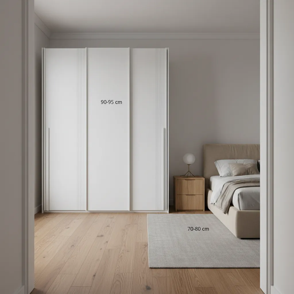 Wardrobe opposite bed with clear 90 cm front clearance and comfortable lateral walkways
