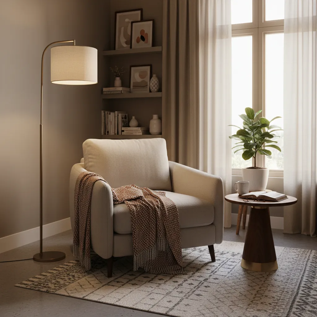 Comfortable armchair reading corner with lamp in compact living room