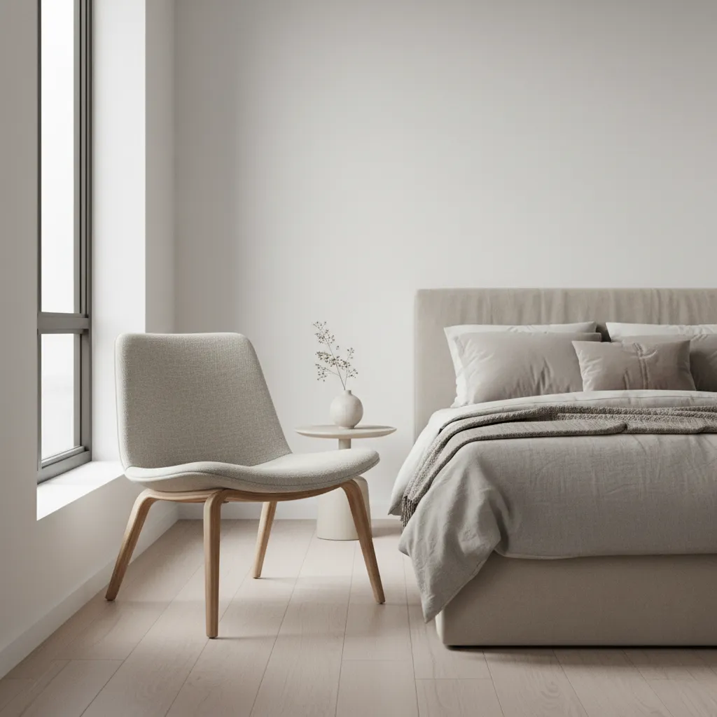 armless slipper chair used in a compact bedroom layout