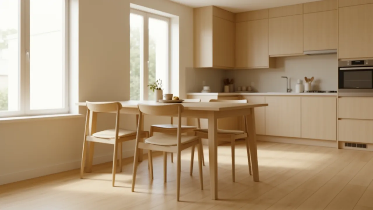 Armless dining chairs tucked under a compact dining table