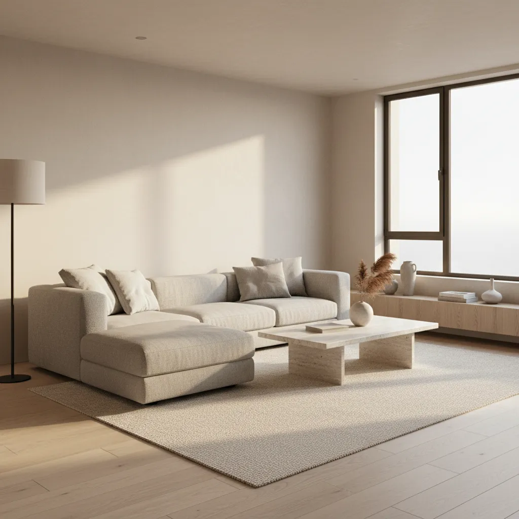 Interior armonioso con combinación de madera, textiles y tonos neutros