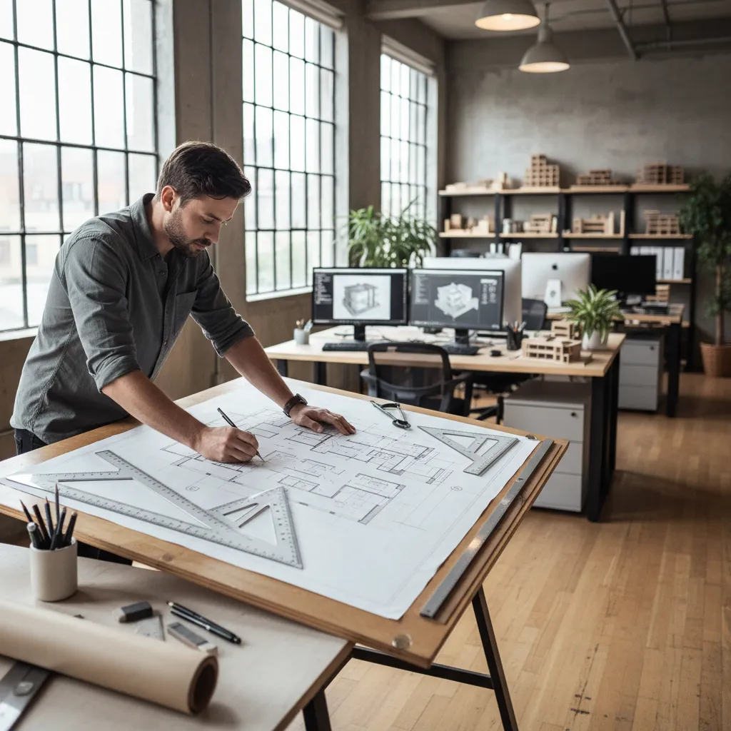 Arquitecto dibujando un plano de vivienda en una mesa de diseño
