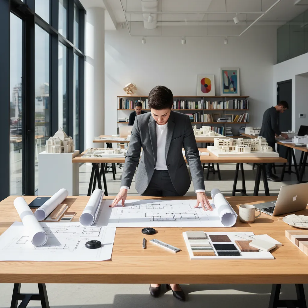 Architect in grey suit reviewing paper floor plans on wooden table in bright studio office