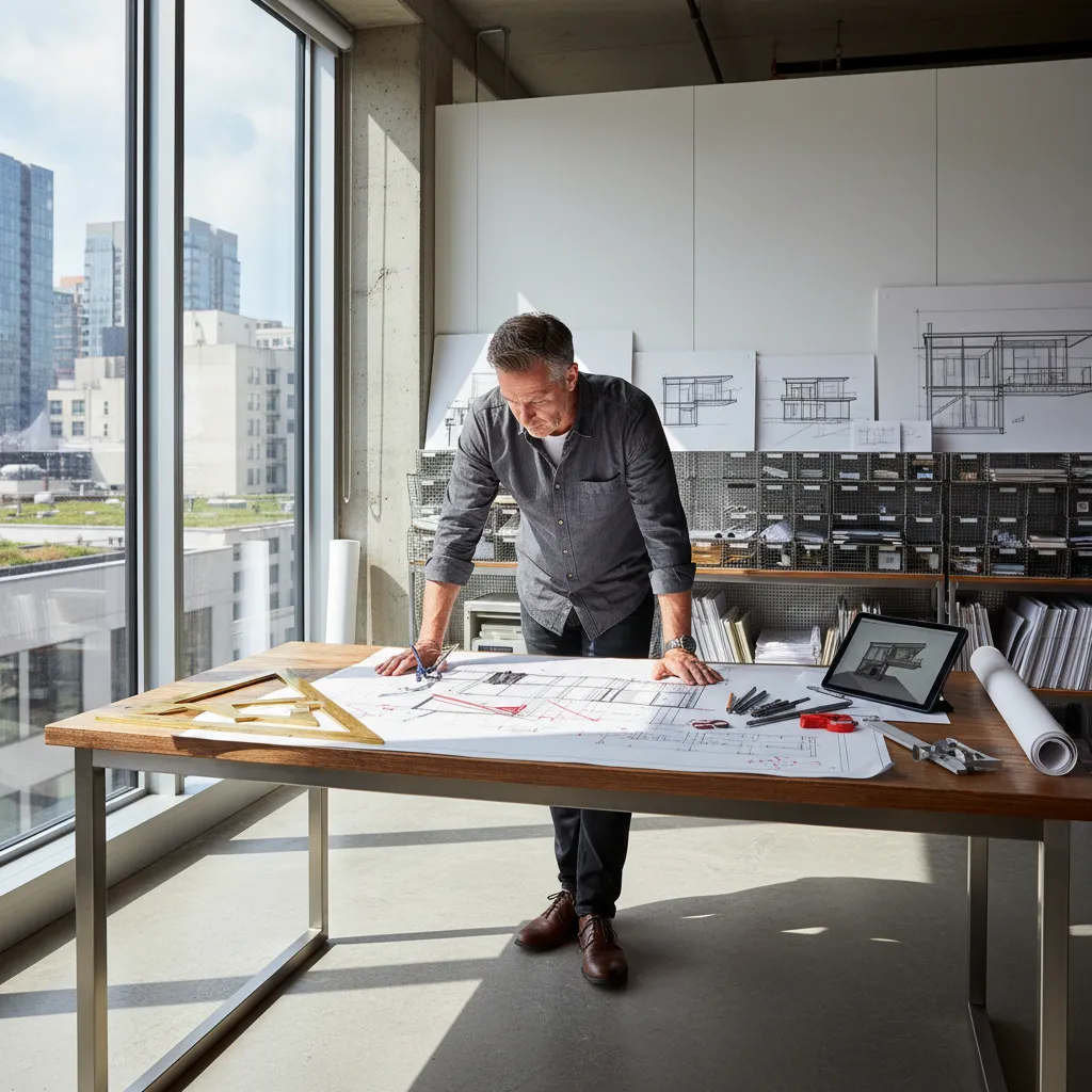 Architect reviewing interior design drawing on wooden table with tools inside a bright modern office