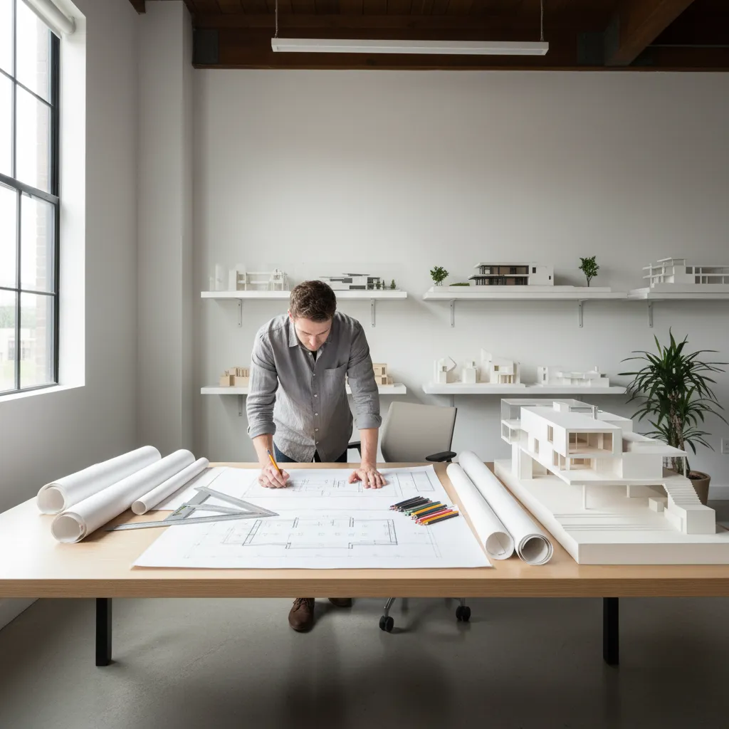 Arquitecto diseñando planos de una vivienda moderna en una mesa de trabajo