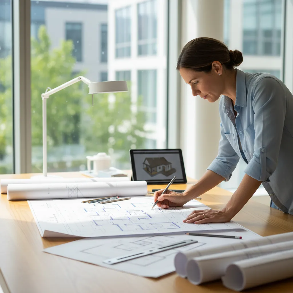 A woman designer drawing on a paper house room layout plan on a wooden desk