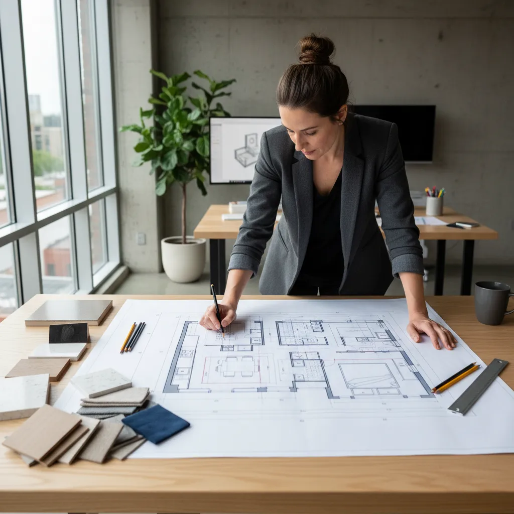 Arquitecto analizando la distribución interior de una vivienda en planos