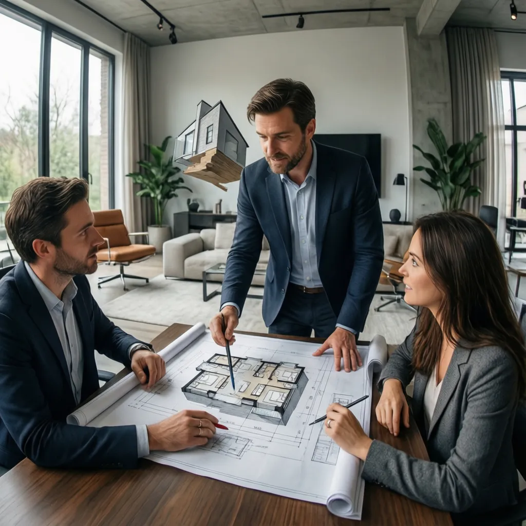 Arquitecto explicando el diseño de una casa a una pareja cliente