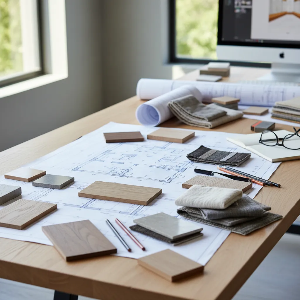 Office desk showing interior design drawings with wood samples, fabric pieces, pencils, and black glasses