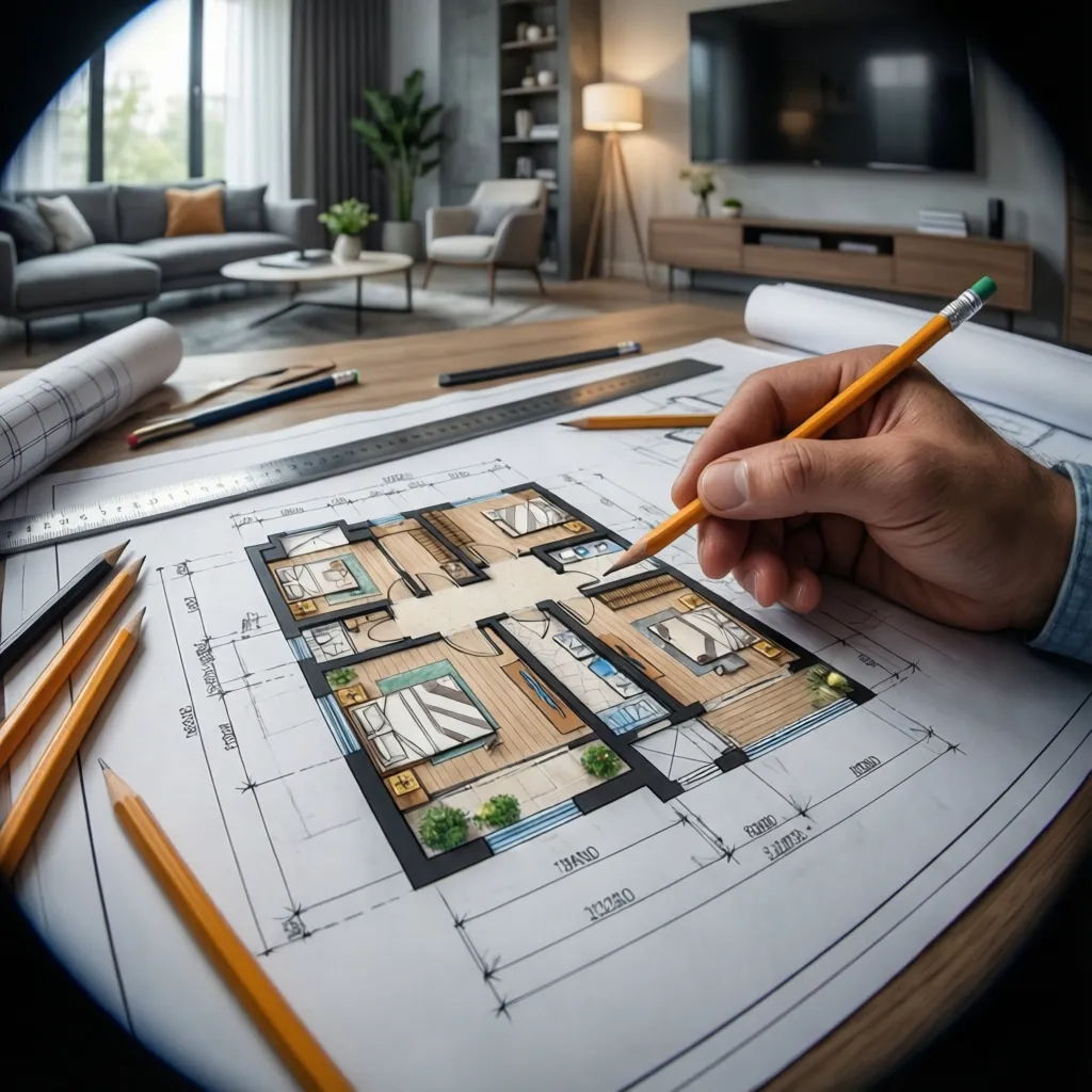 Arquitecto analizando planos de una vivienda moderna