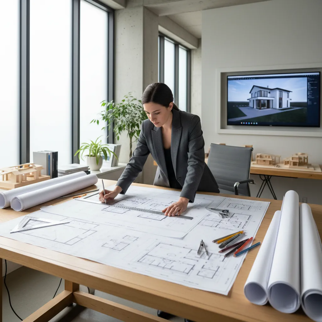Arquitecto trabajando con planos de una casa sobre una mesa de diseño