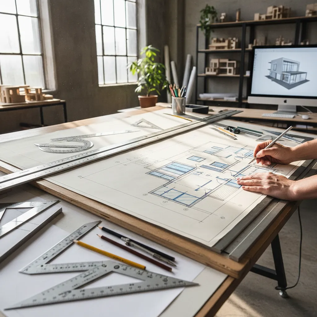 Arquitecto dibujando planos de una casa sobre una mesa de trabajo