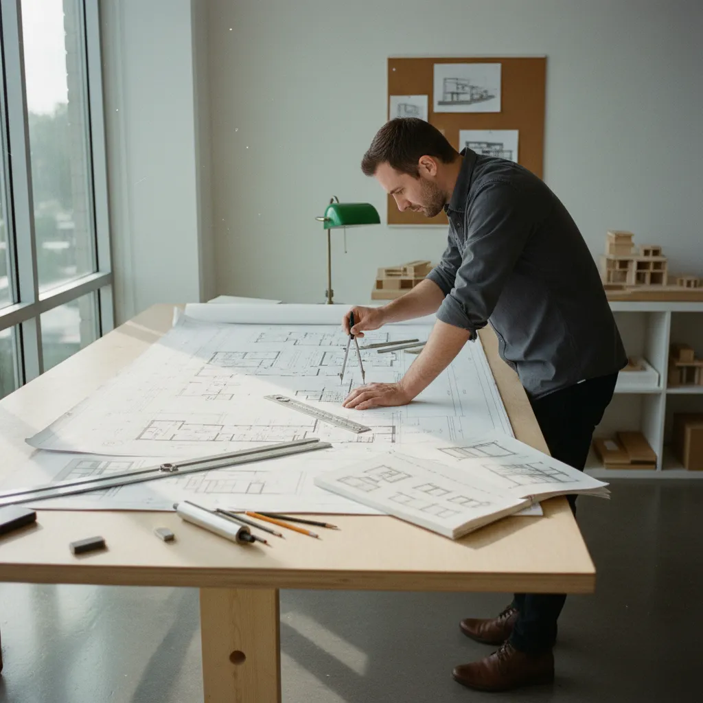 Male designer using a compass to draw a room layout on paper in a bright office