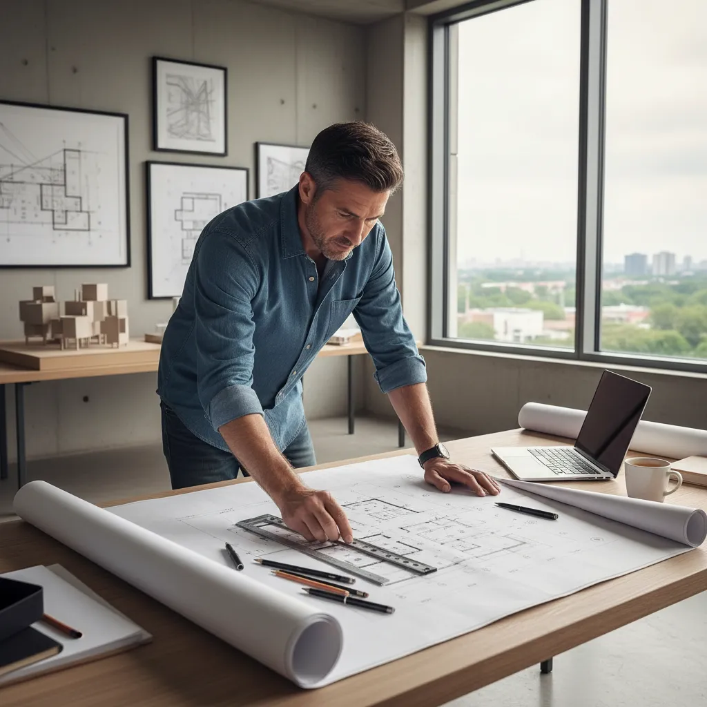 Arquitecto revisando planos de una vivienda en mesa de trabajo