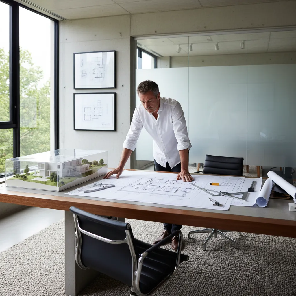 Arquitecto revisando planos de vivienda sobre una mesa de trabajo