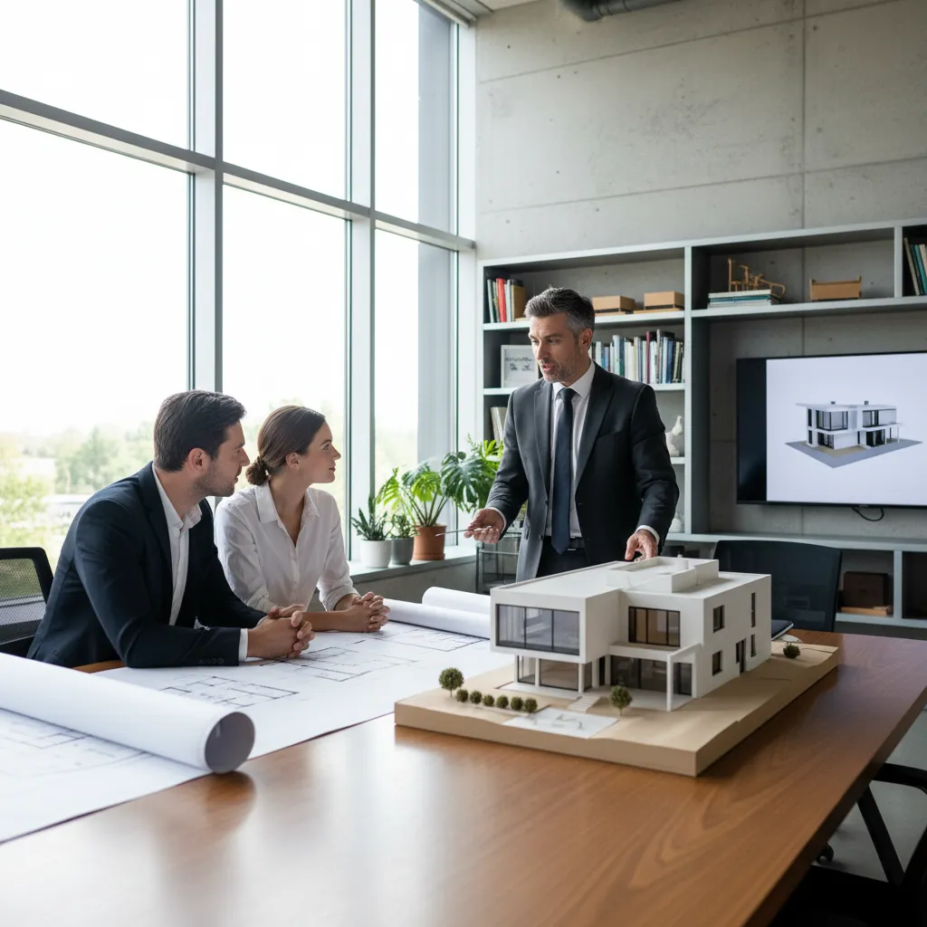 Arquitecto explicando el diseño de una casa a clientes con planos y modelo 3D