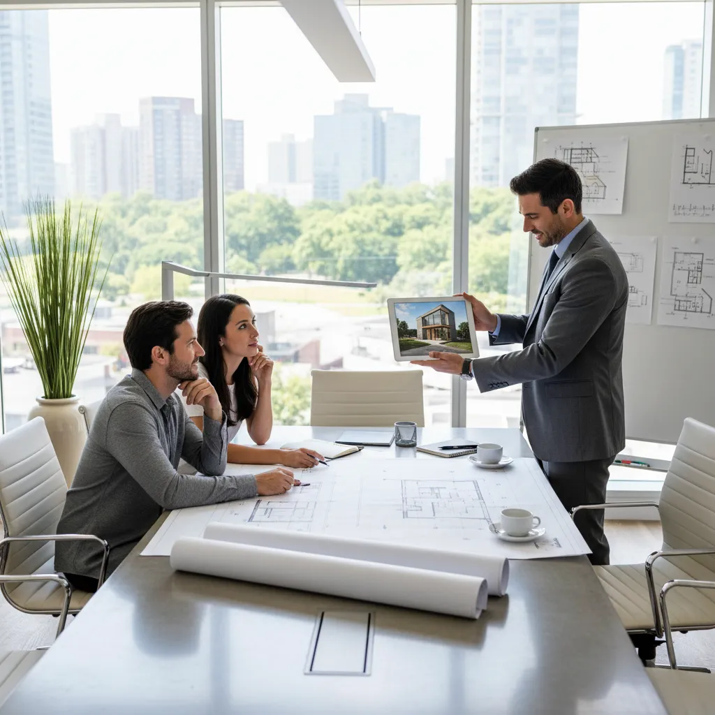 Arquitecto mostrando el diseño de una casa a clientes en una reunión de proyecto