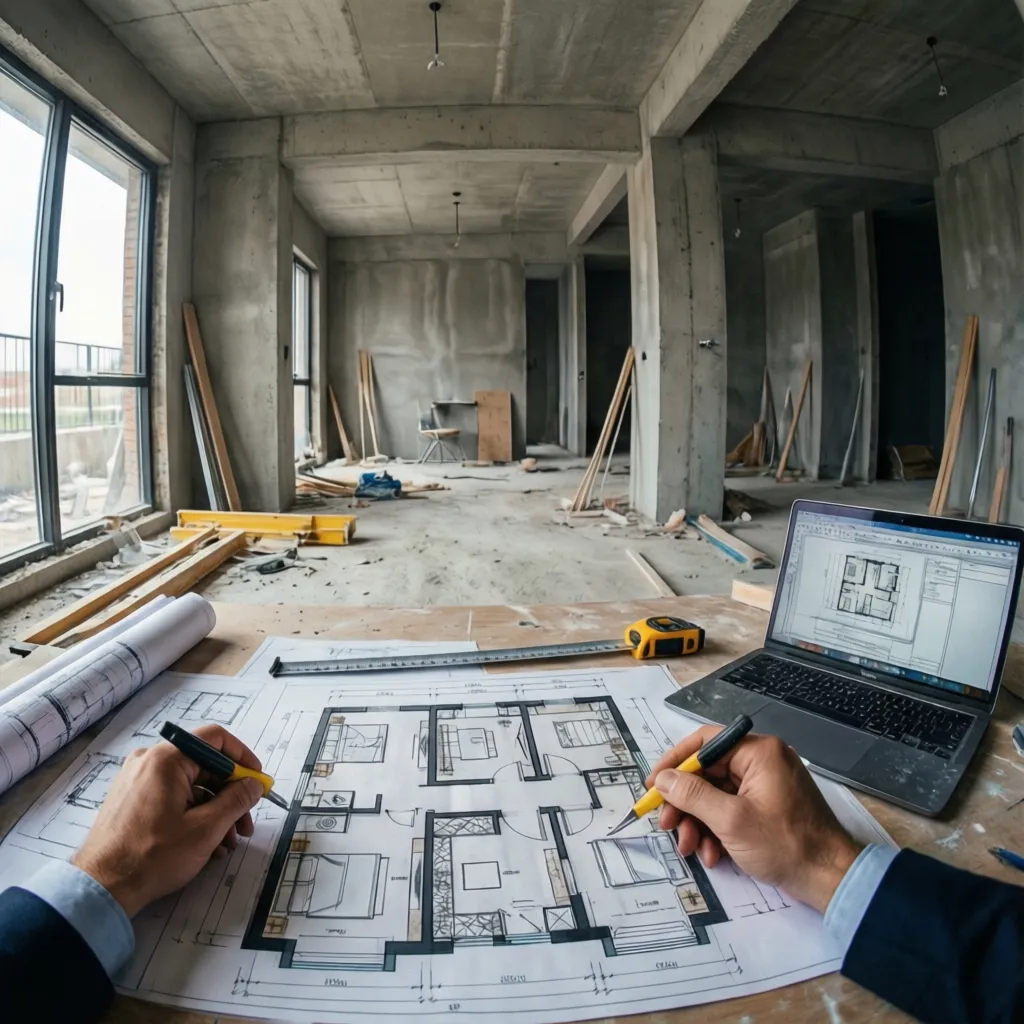 Arquitecto revisando planos estructurales durante una reforma de vivienda