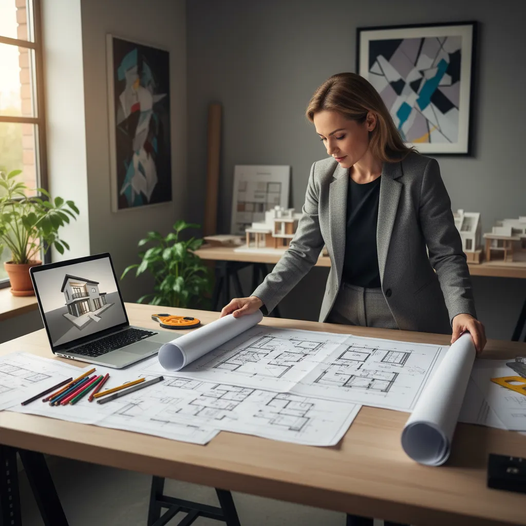 Woman in office looking at floor plan drawings on desk with laptop and house models