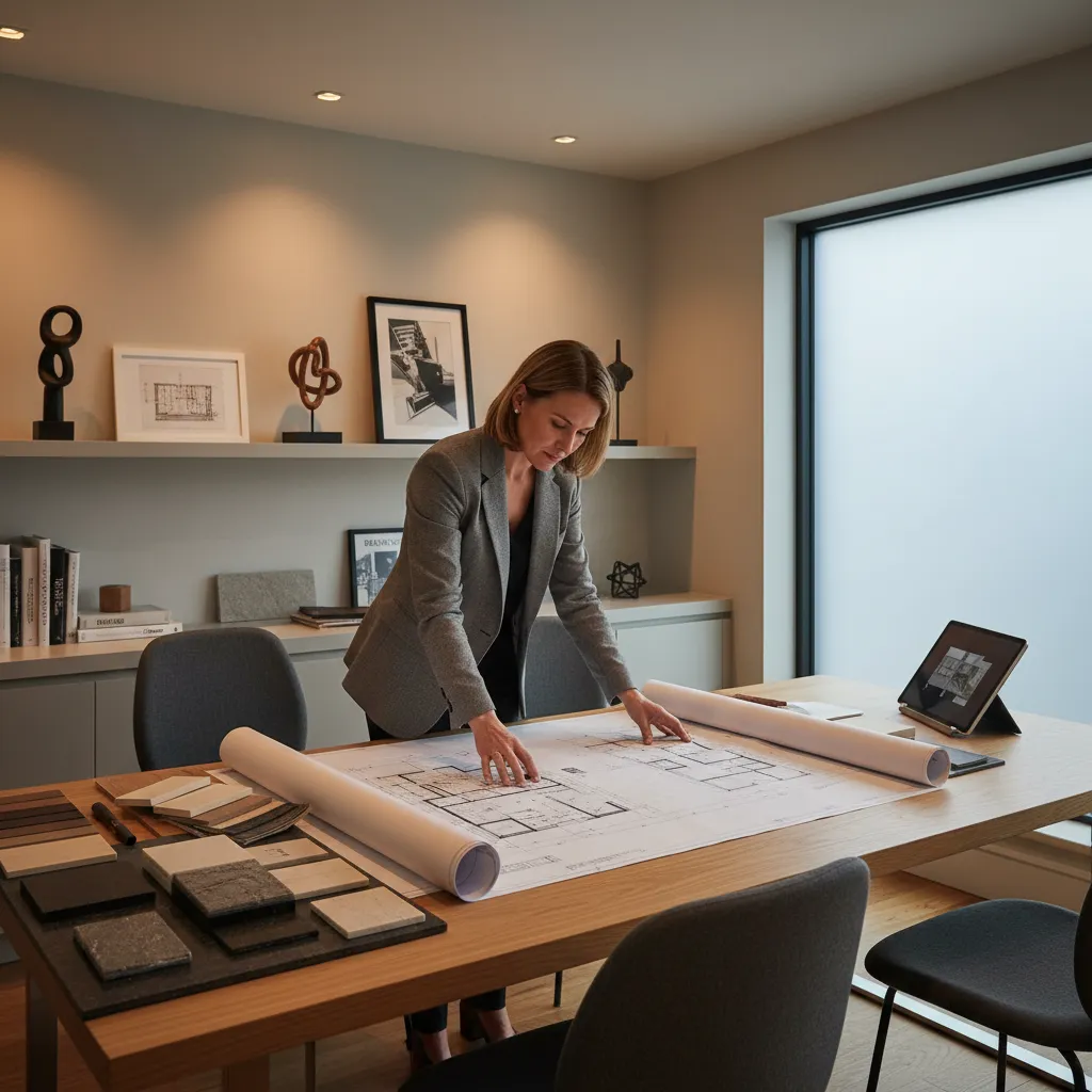 Arquitecto revisando planos de interiorismo en estudio profesional
