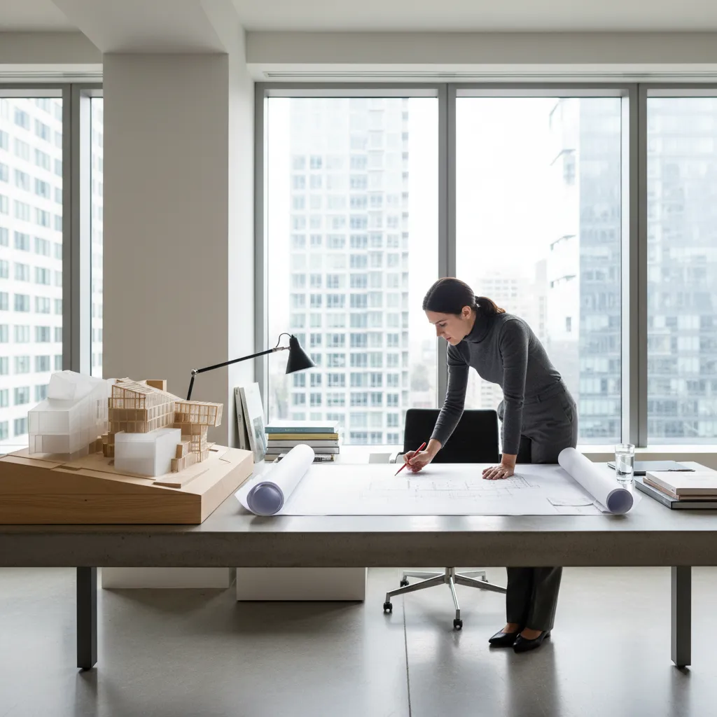 Woman in a bright office leaning over a desk to draw a room layout plan