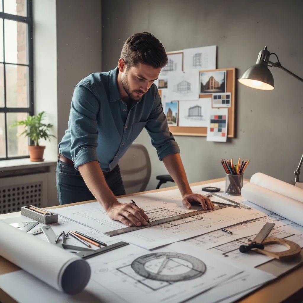 Arquitecto revisando planos arquitectónicos en mesa de trabajo