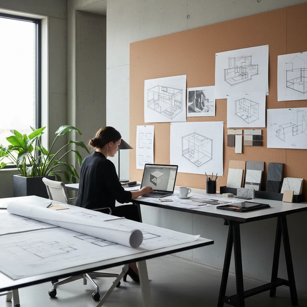 Arquitecto de interiores trabajando con planos y modelos digitales en estudio