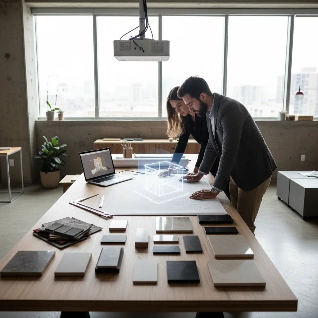 Two interior designers reviewing room layout on large desk with 3D house model and samples