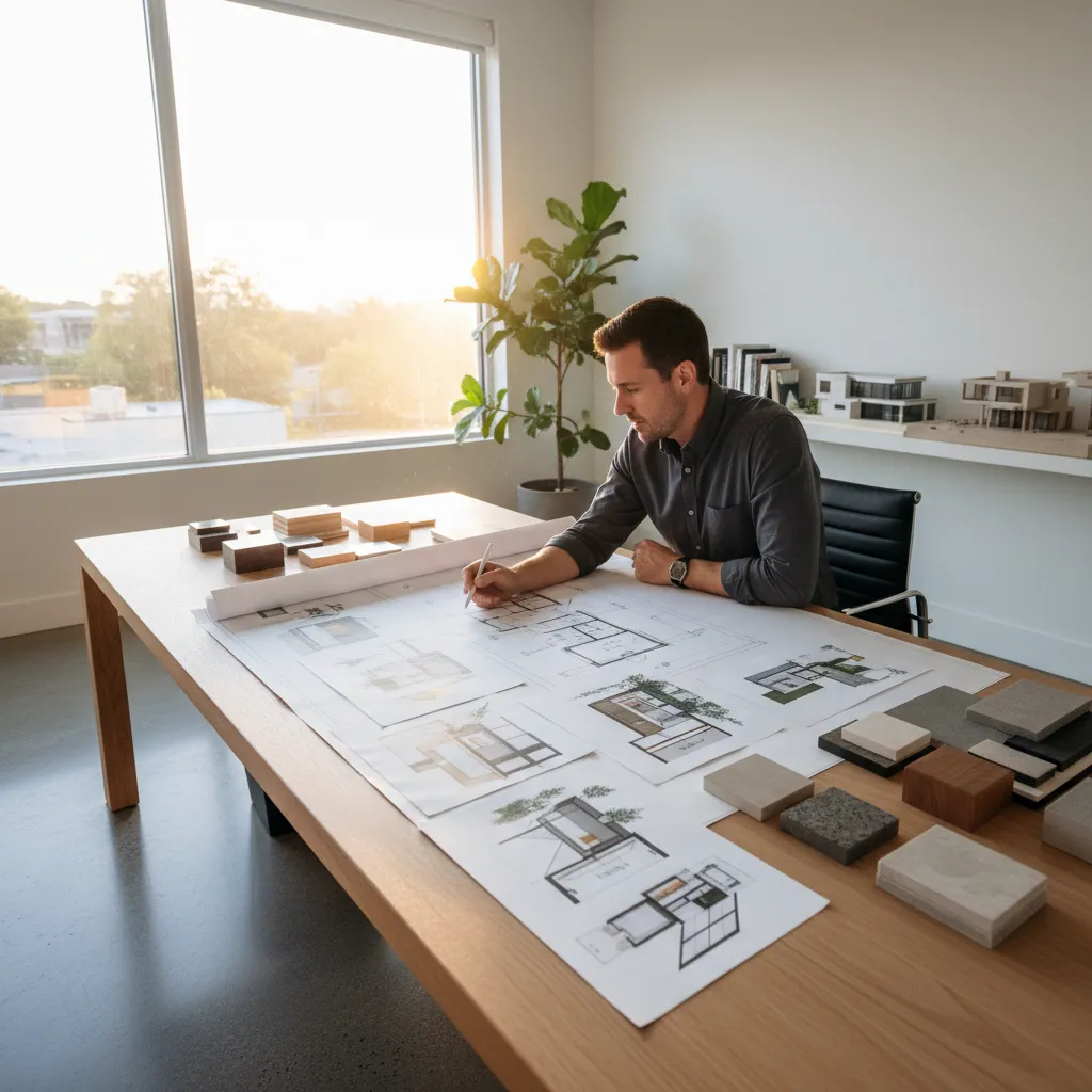 Man sitting at table drawing on interior design drawings with many small square material samples