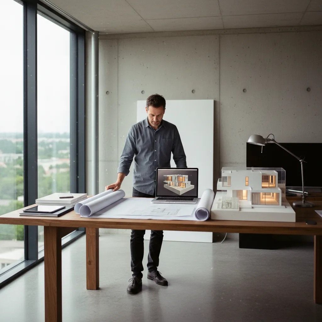 Man standing at wooden desk with paper floor plans laptop and white house model design