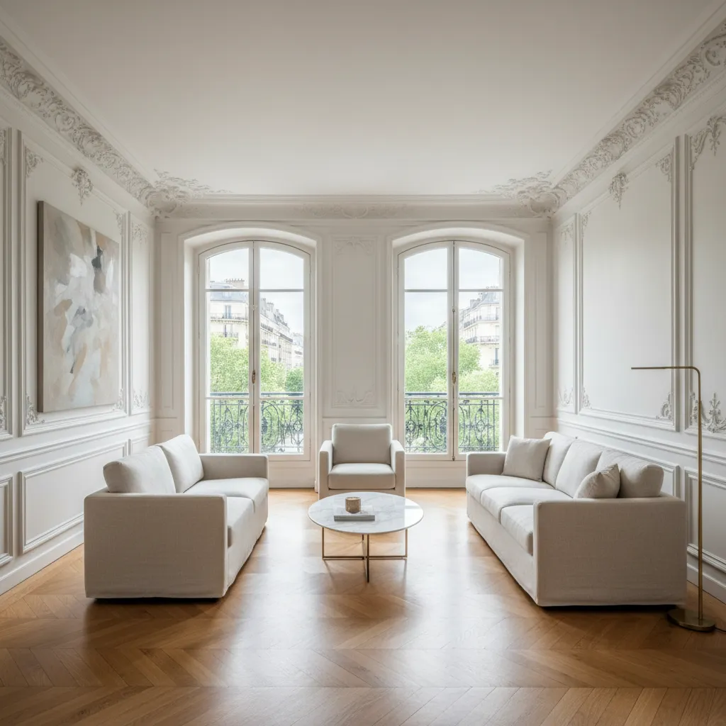 Minimalist living room with white sofas coffee table large windows and decorative white wall panel