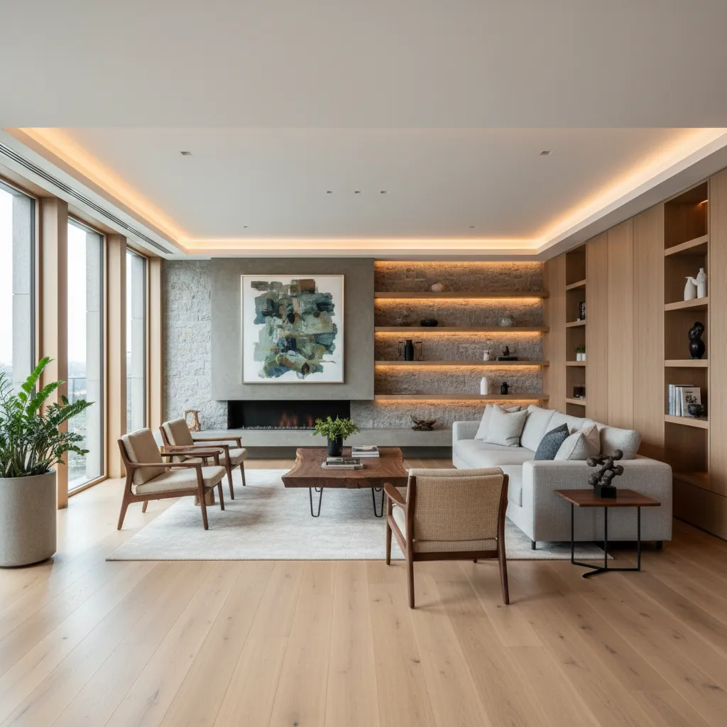 Modern living room featuring grey sofa wooden floor stone fireplace wall shelves and large windows
